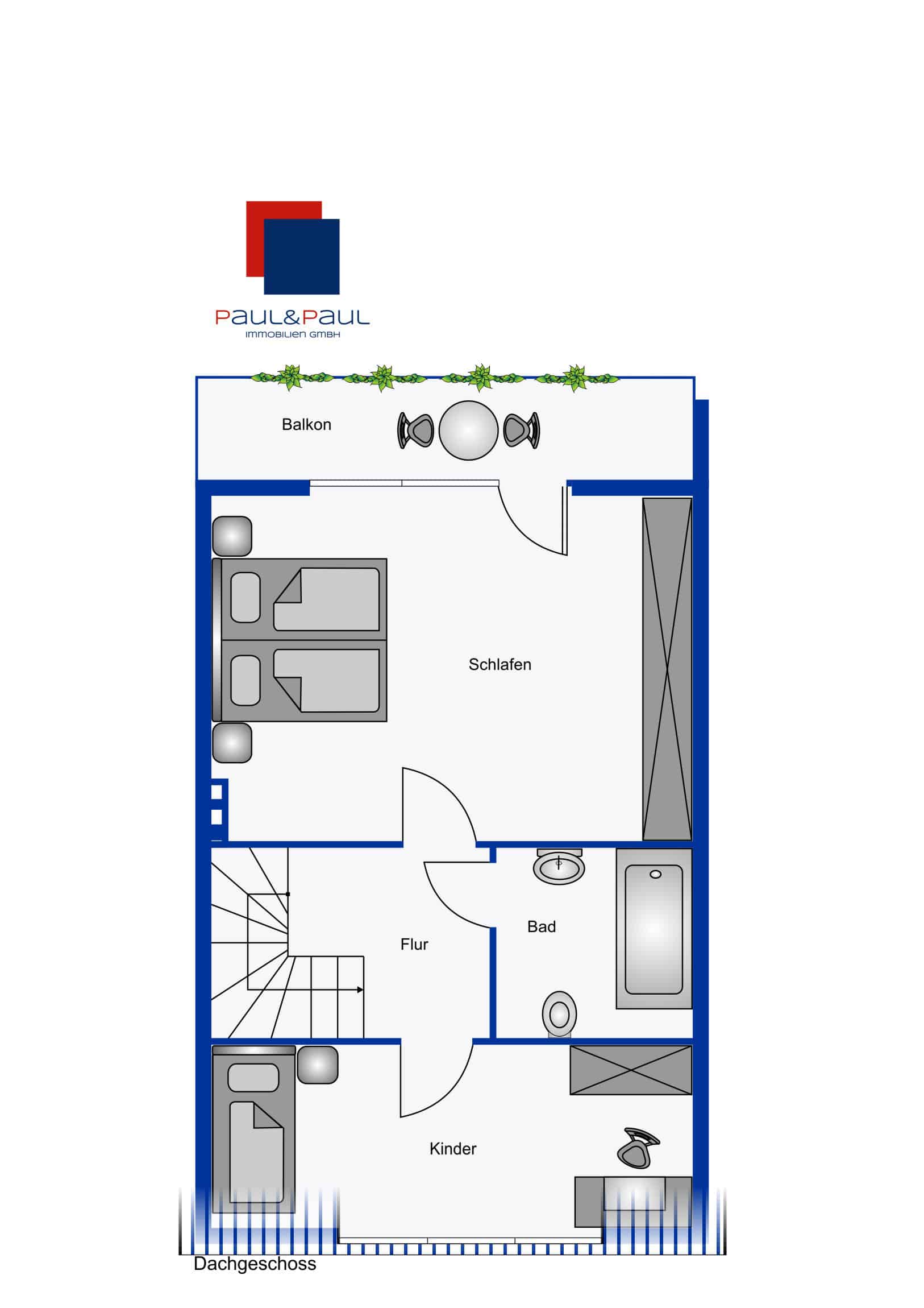 Grundriss Dachgeschoss mit Schlafzimmer, Kinder-/Gästezimmer, Vollbad und Balkon