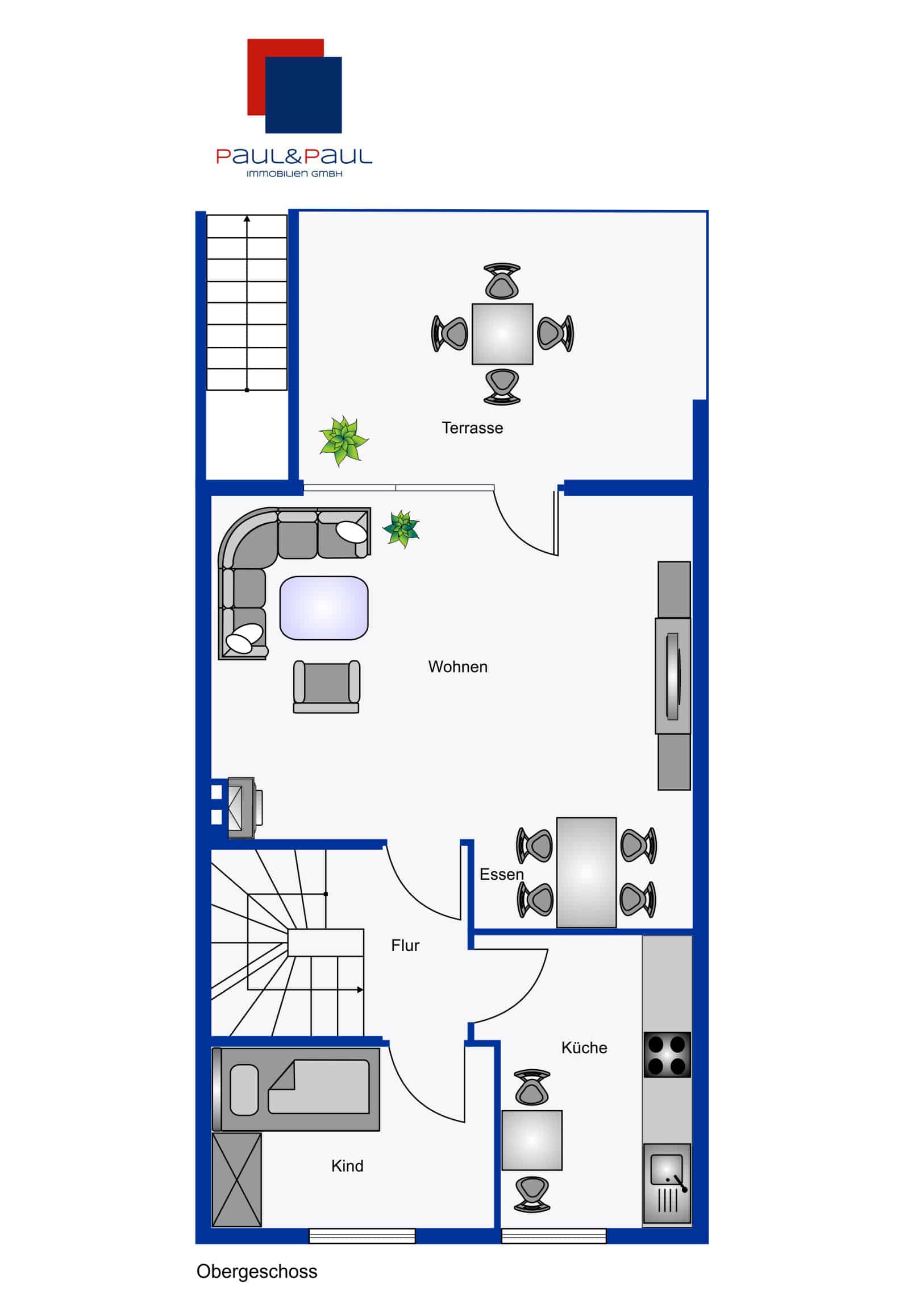 Grundriss Obergeschoss mit Wohnzimmer, Küche, Arbeits-/Kinderzimmer und Terrasse